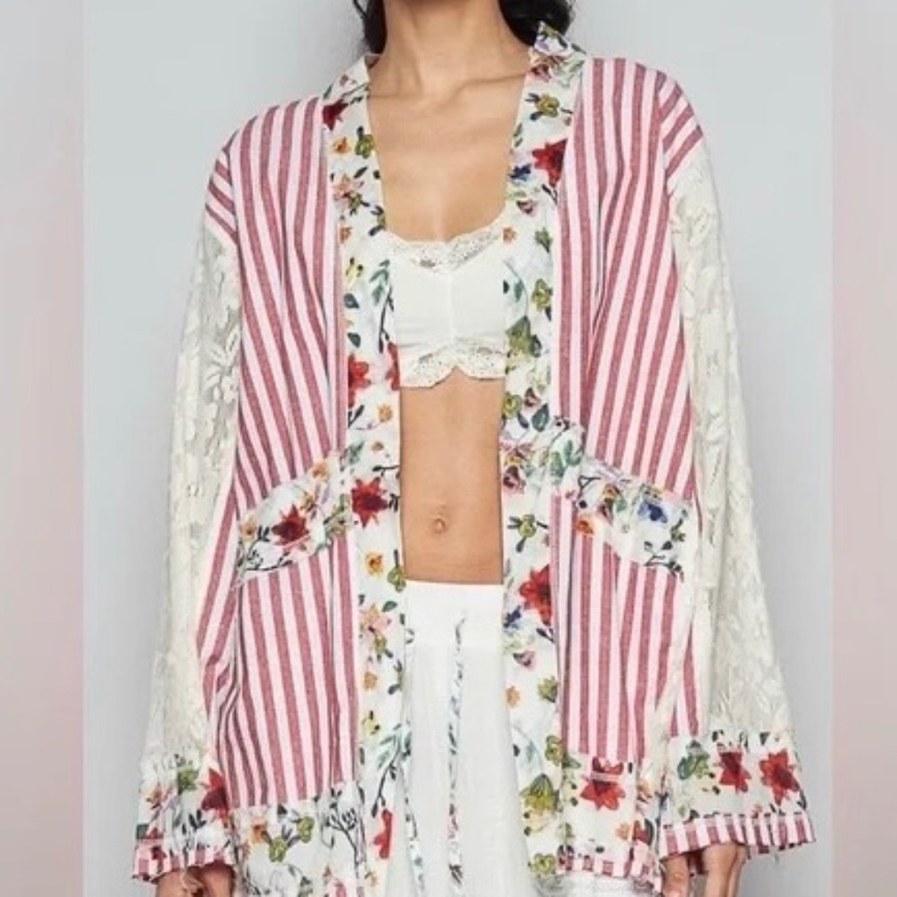 POL Red and White Striped Floral Cardigan NWOT